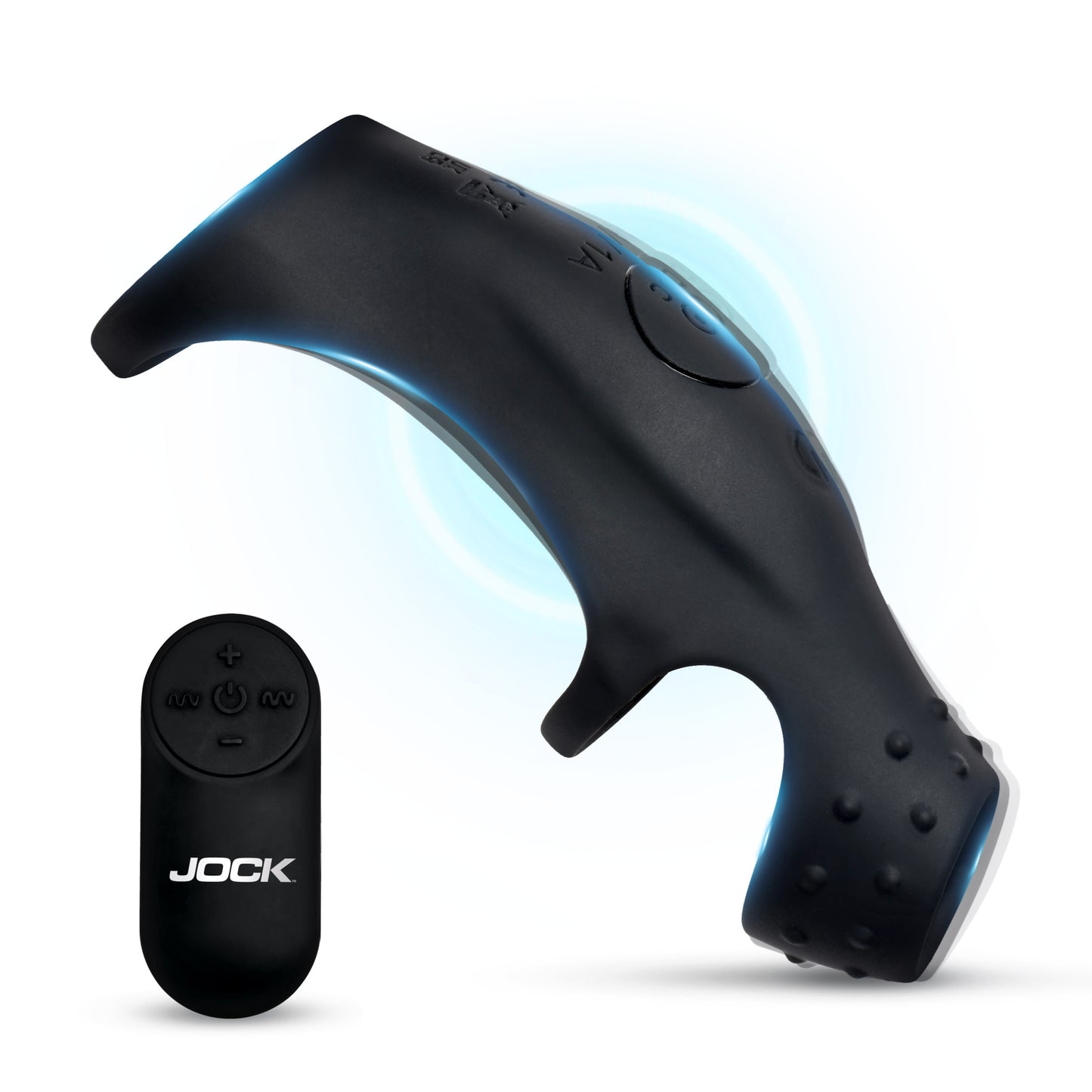 Jock Rush vibrating penis sleeve c-ring with rechargeable remote black silicone full product view