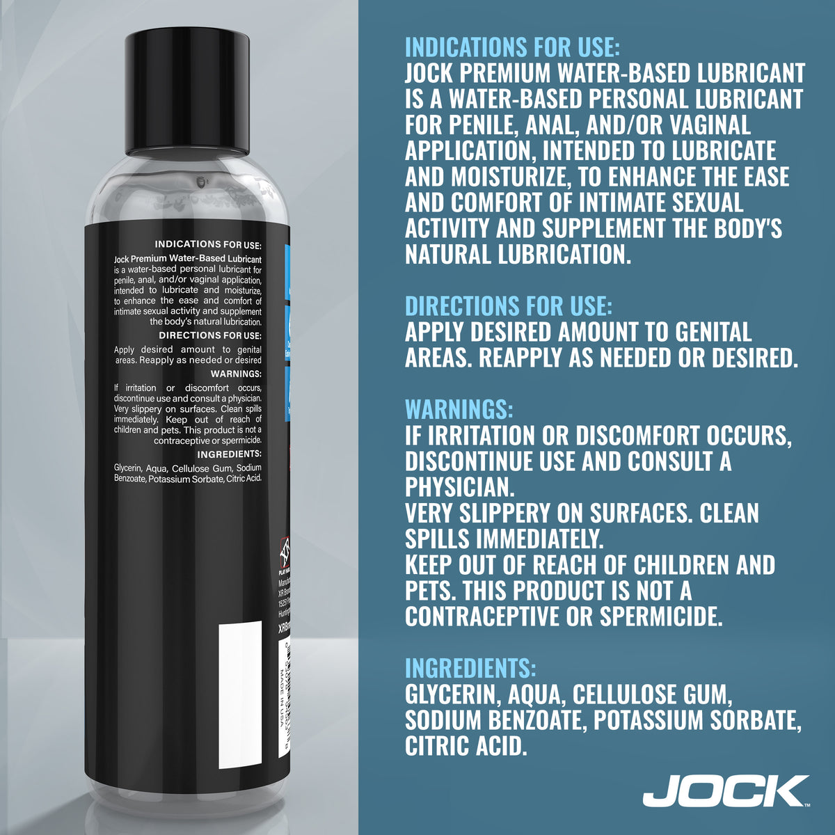 Jock 8oz JOCK Premium Water Based Lubricant - Paraben-Free, Made in USA: Short, clean ingredient list with no parabens or harsh additives