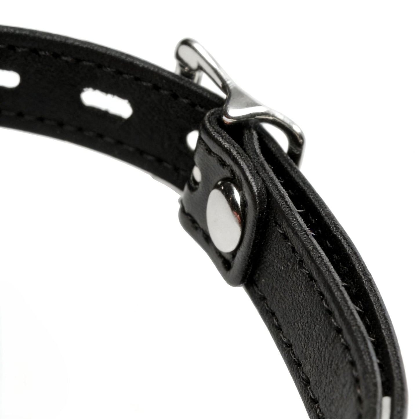 close-up of silver buckle hardware on adjustable black strap for silicone comfort ball gag