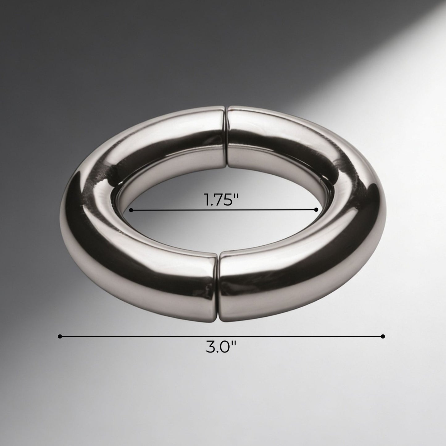 stainless steel magnetic cock ring with labeled measurements showing 3 inch outer diameter and 1.75 inch inner diameter
