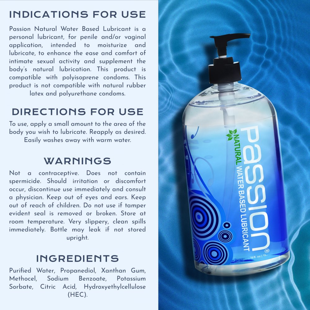 Passion Natural Water Based Lubricant bottle with indications directions warnings and ingredient information on blue water background