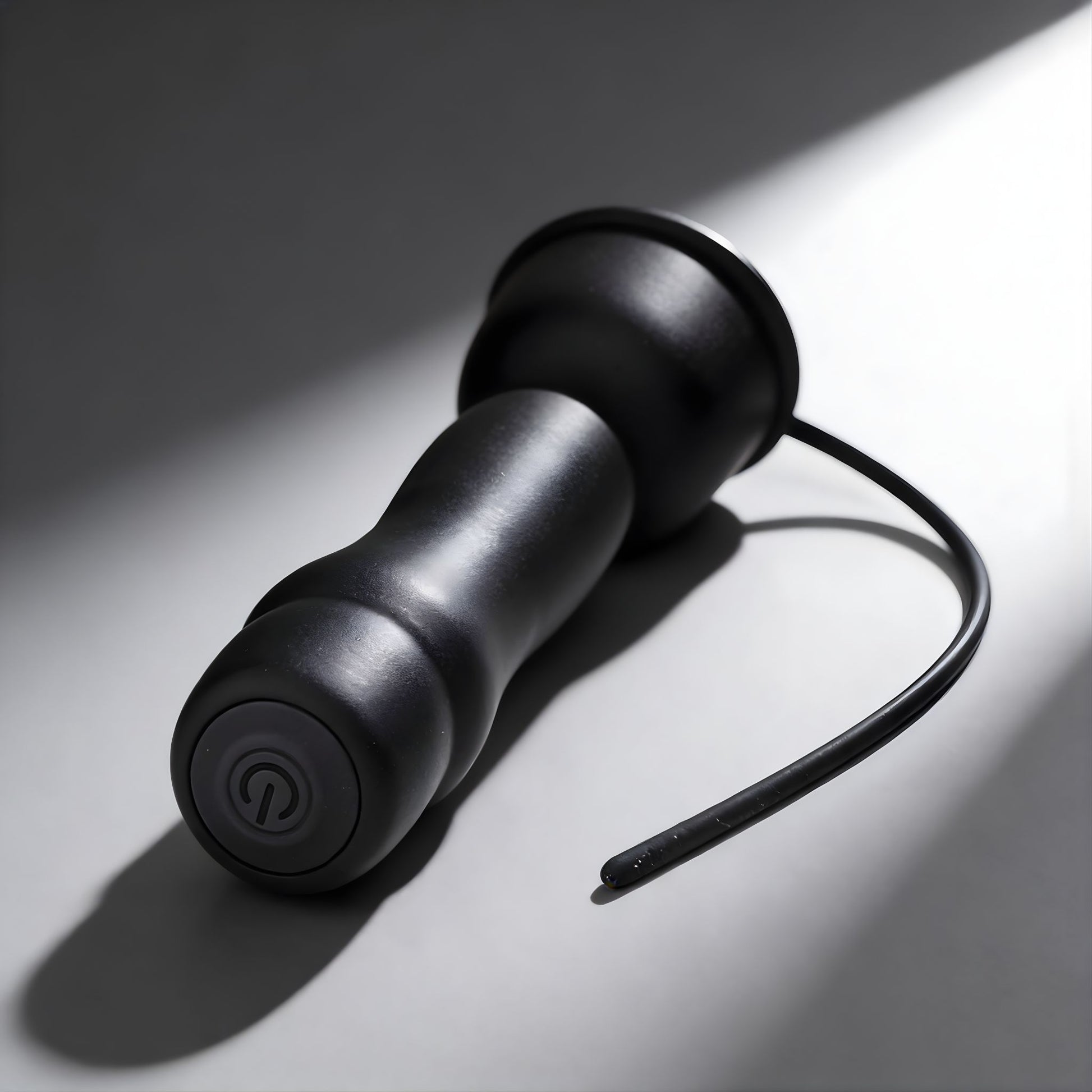 black vibrating penis head teaser with urethral sound attachment and suction cup base on neutral background