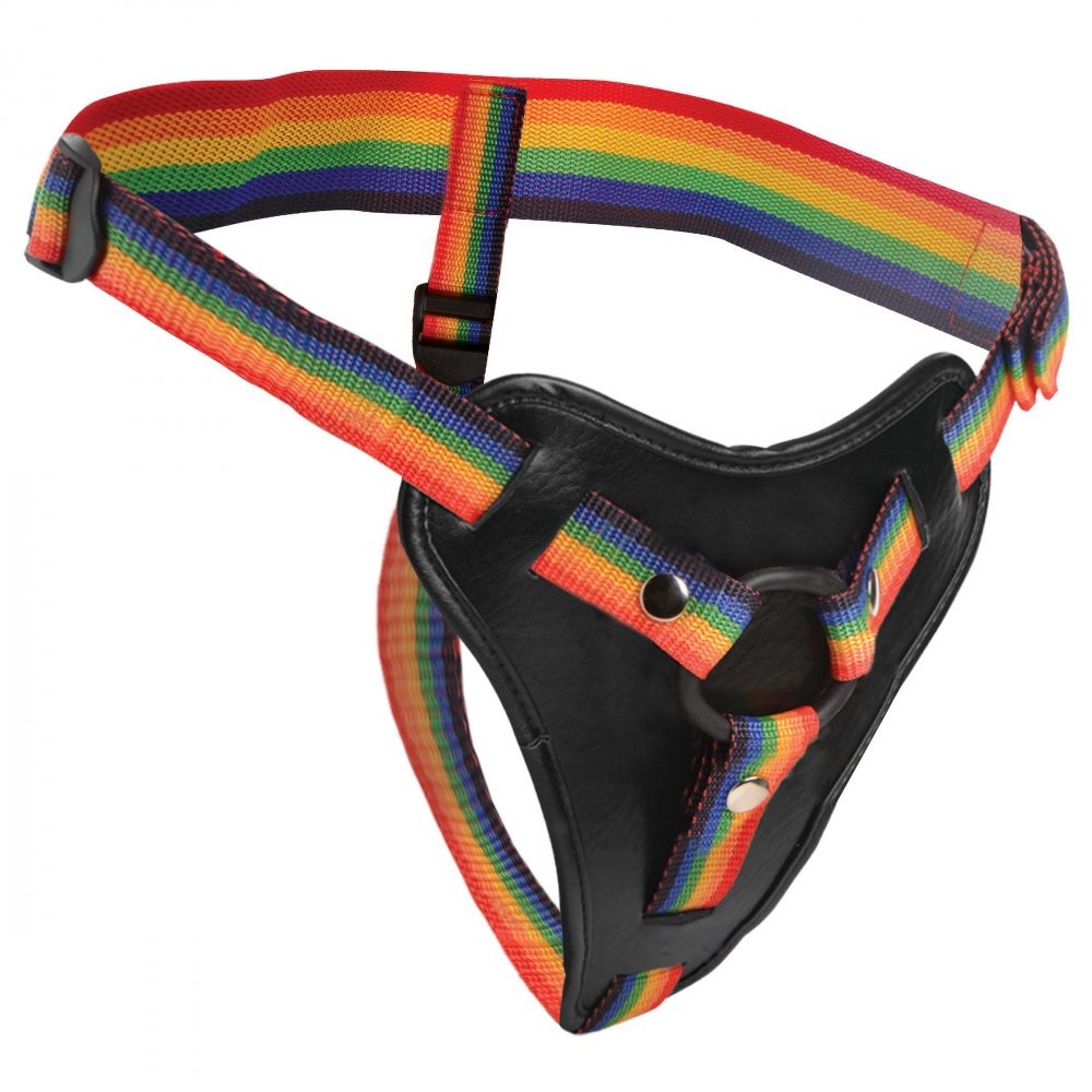 Rainbow Strap-On Harness flat view with buckles