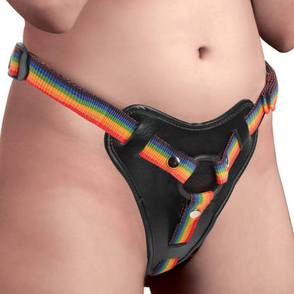 Rainbow Strap-On Harness with silicone O-rings, front view