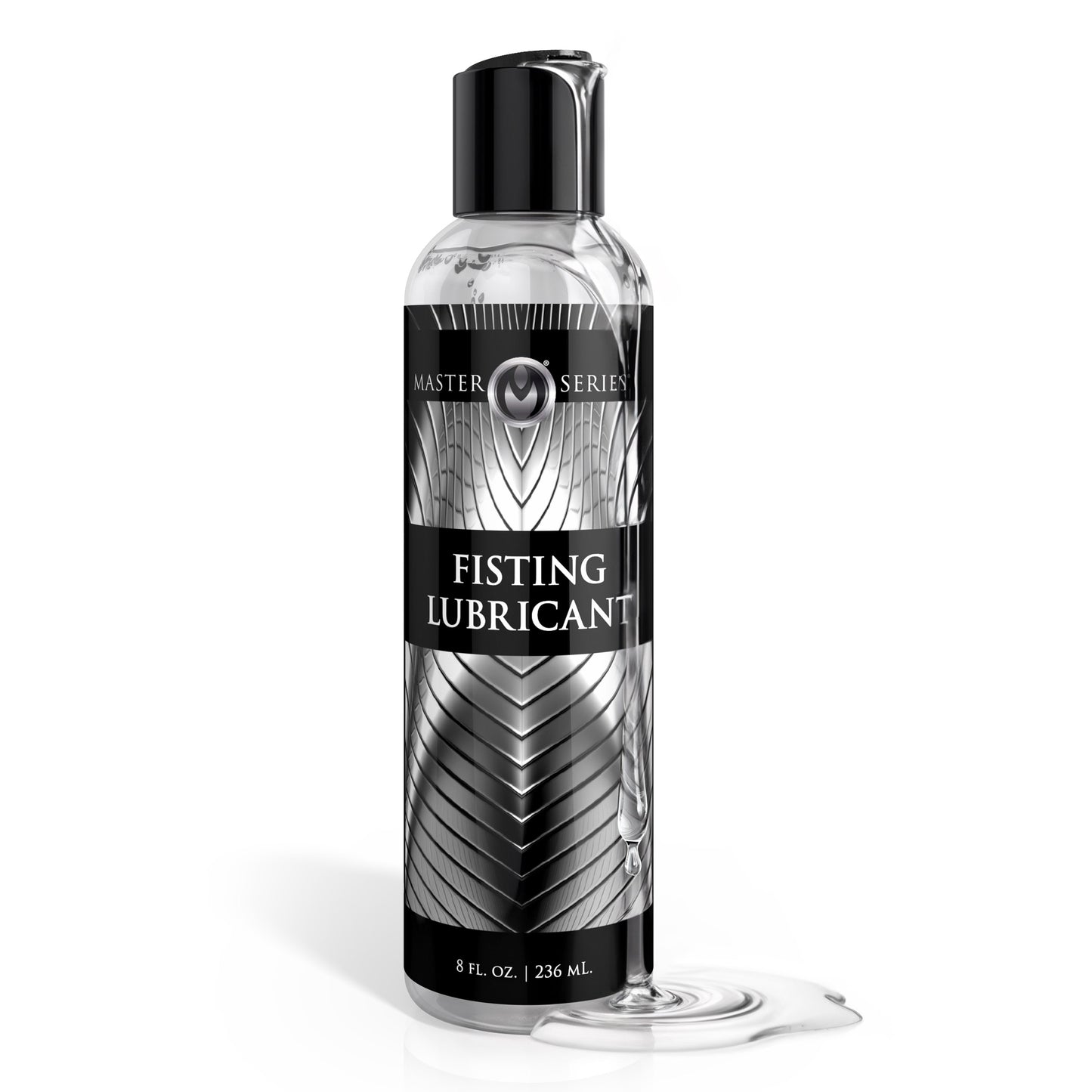 Fisting lubricant bottle with black and silver design on a white background