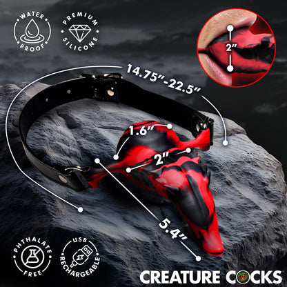 Demons Tongue vibrating oral enhancer dimensions 5.4 inch tongue 14.75 to 22.5 inch strap waterproof USB rechargeable