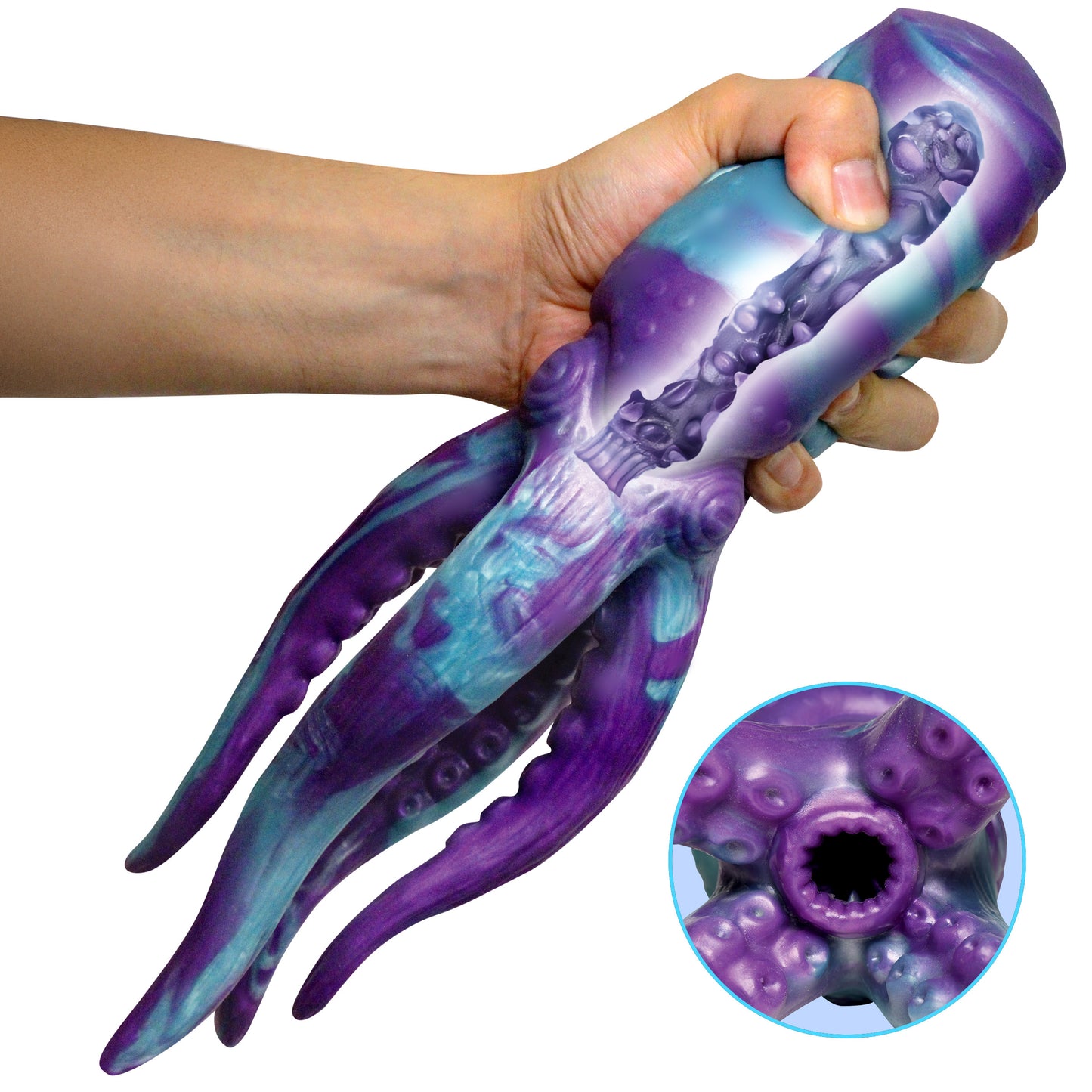 Soft squishable phthalate-free silicone on Tenta Stroke cock stroker
showing material flexibility 