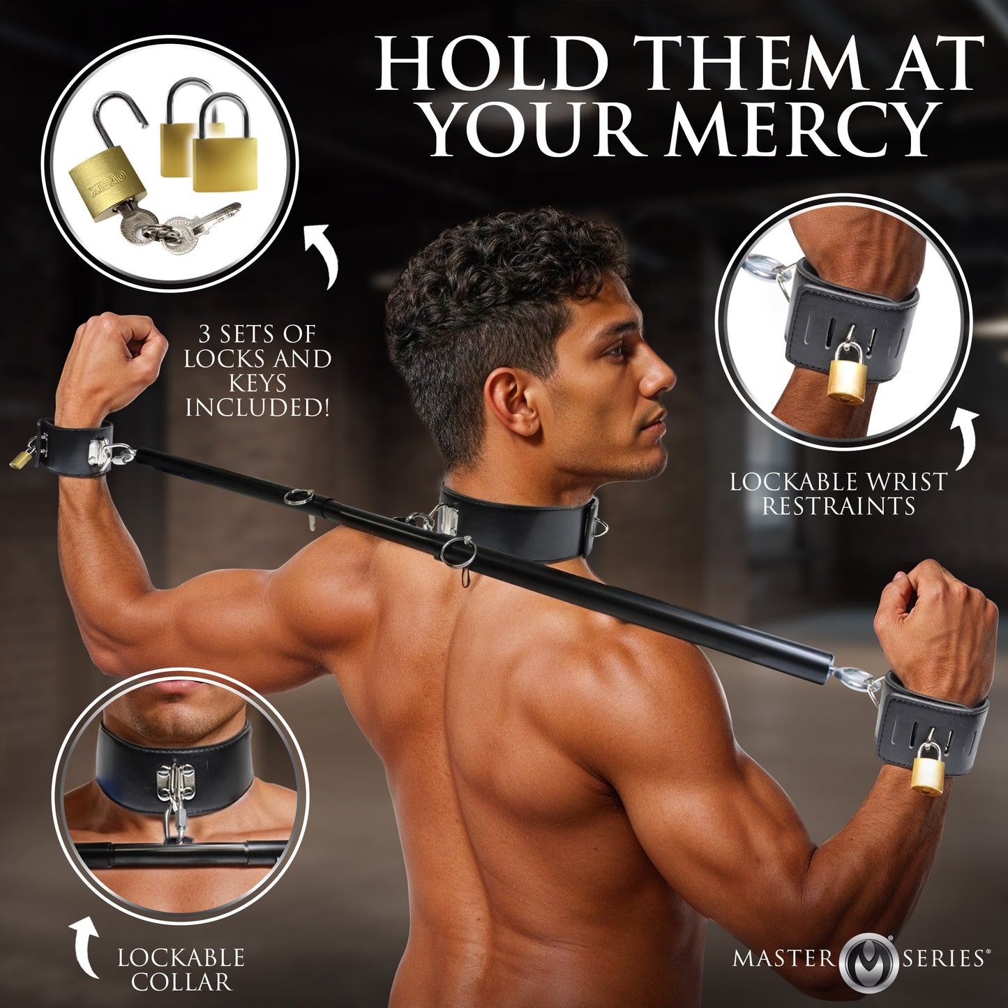 Lockable vegan leather wrist cuff with padlock on Dominion men's bondage
spreader bar restraint 