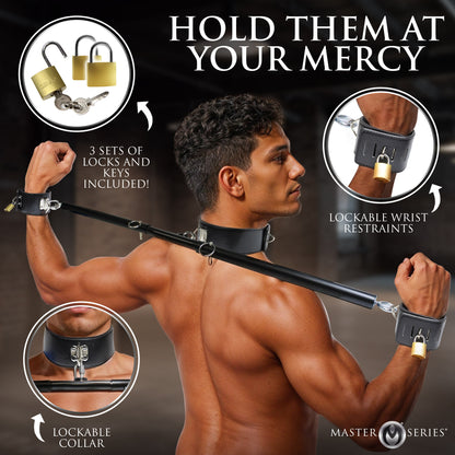 Lockable vegan leather wrist cuff with padlock on Dominion men's bondage
spreader bar restraint 