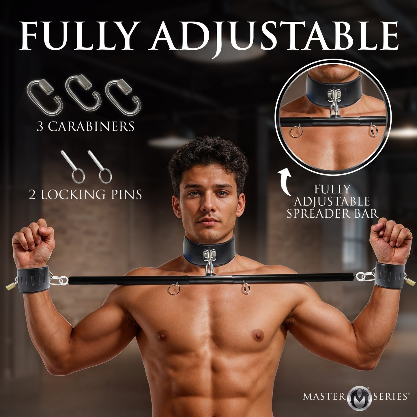 Adjustable vegan leather collar with carabiner clip on Dominion spreader bar for male restraint