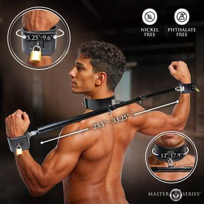 Dominion spreader bar in rear lock position for arms-back male bondage
restraint configuration