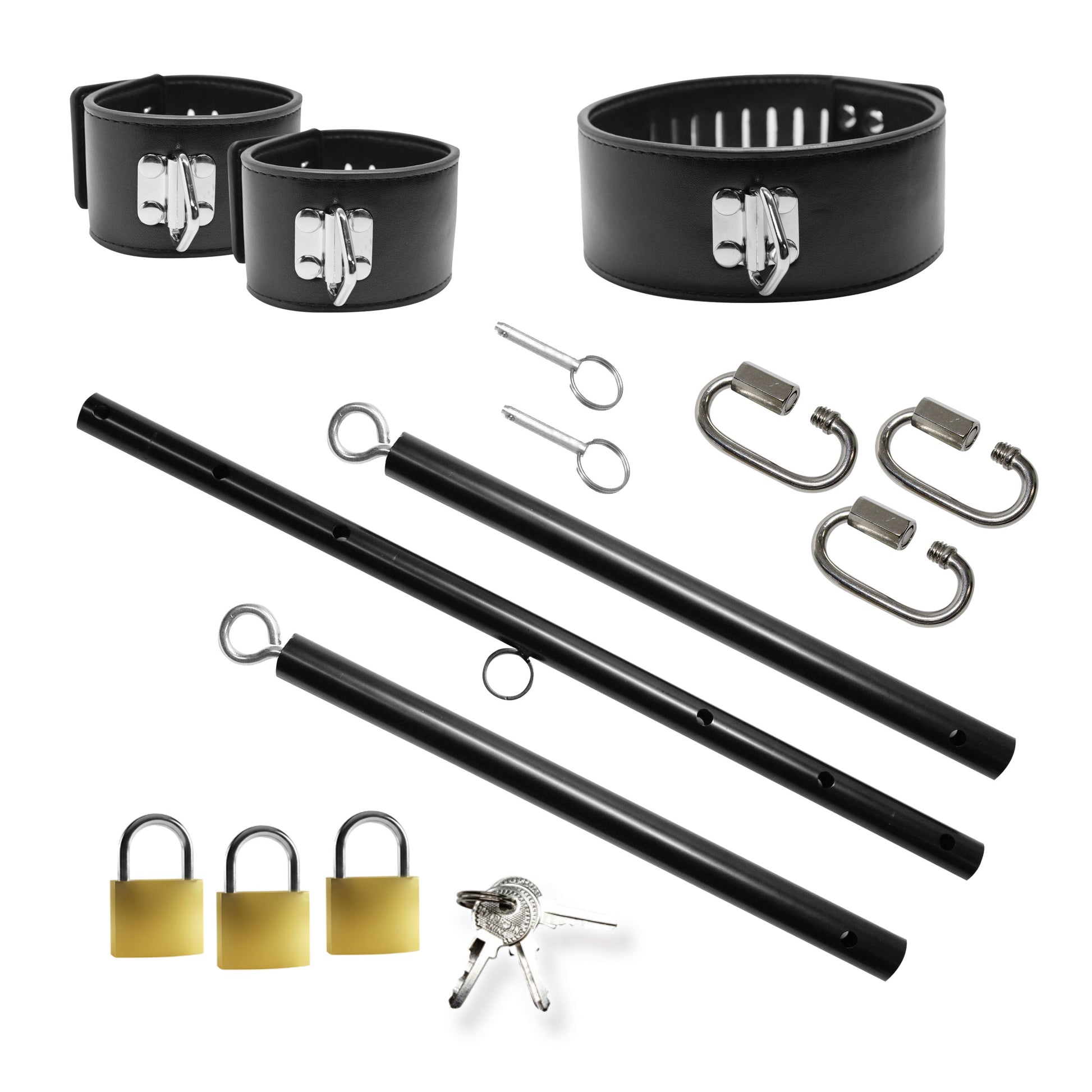 Complete Dominion men's bondage spreader bar kit with collar cuffs locks carabiners and steel bar 