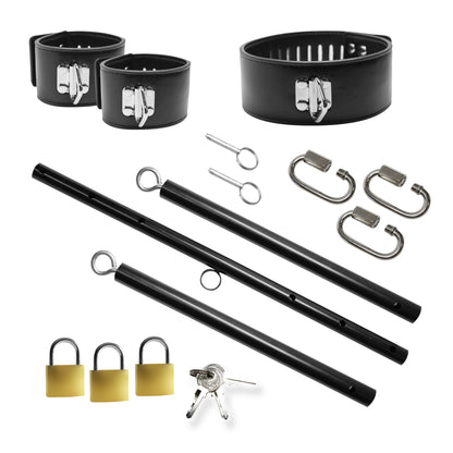 Complete Dominion men's bondage spreader bar kit with collar cuffs locks carabiners and steel bar 