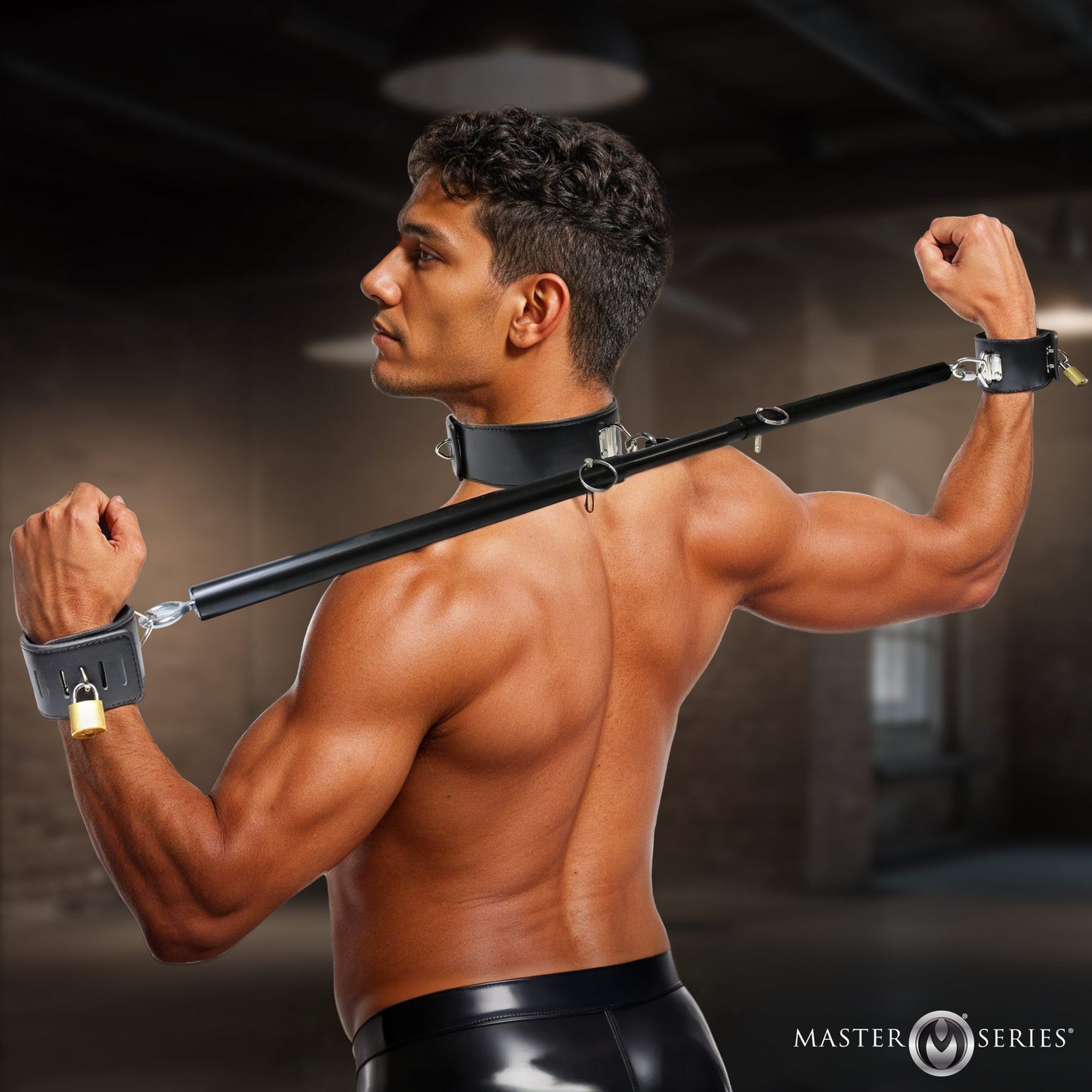 Dominion spreader bar with lockable collar and wrist cuffs for men's
bondage play by Master Series