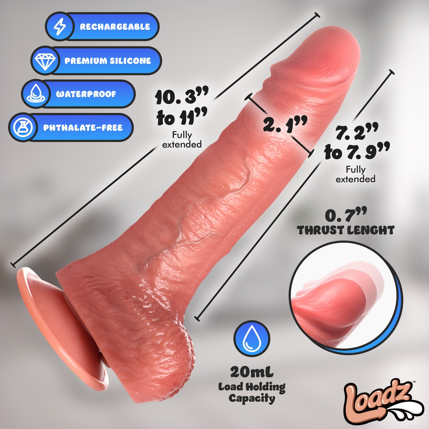Thick veined realistic cock shaft with fat head and heavy balls on Loadz ejaculating dildo for men 
