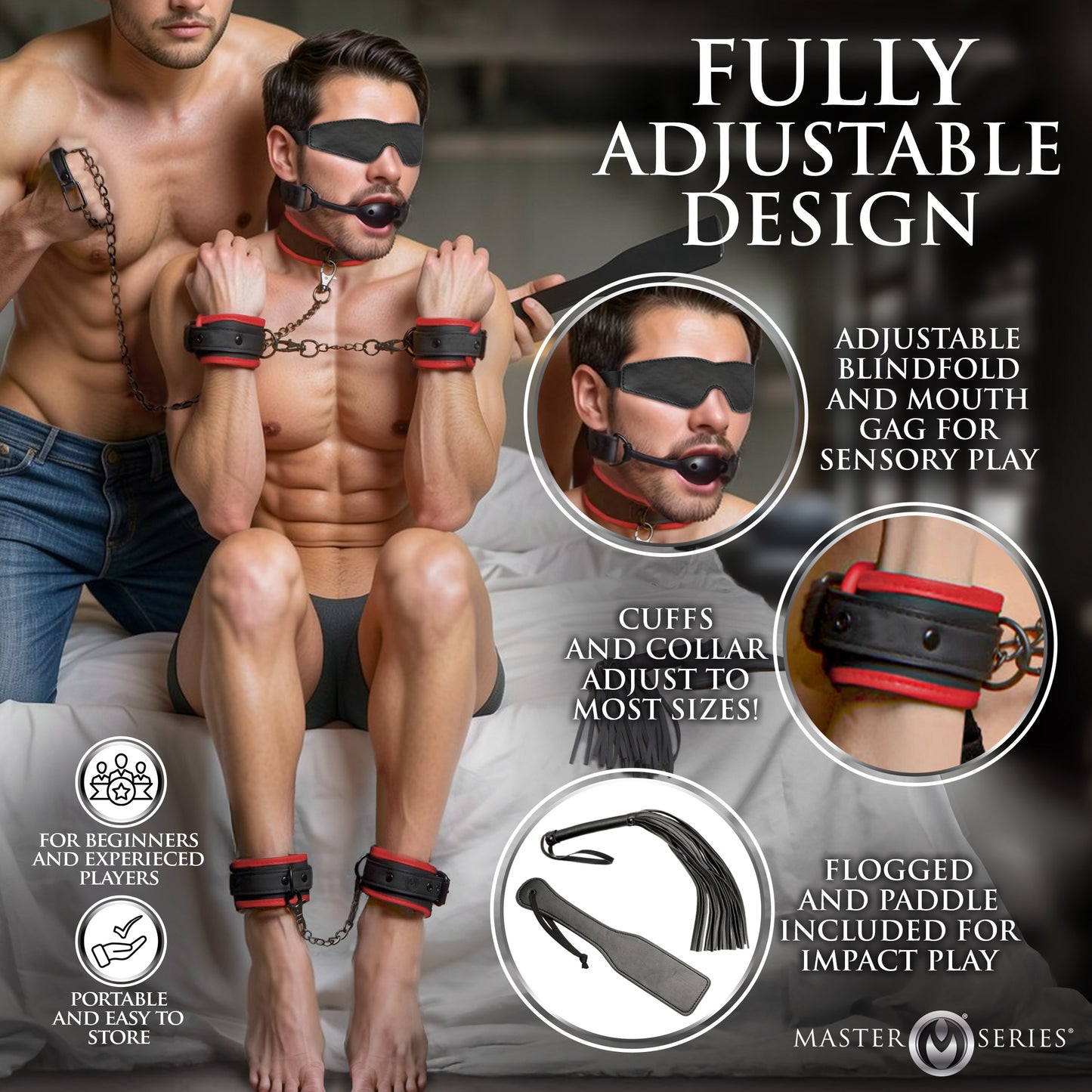 Genuine leather wrist cuffs ankle cuffs and collar with D-rings for men's bondage restraint play 