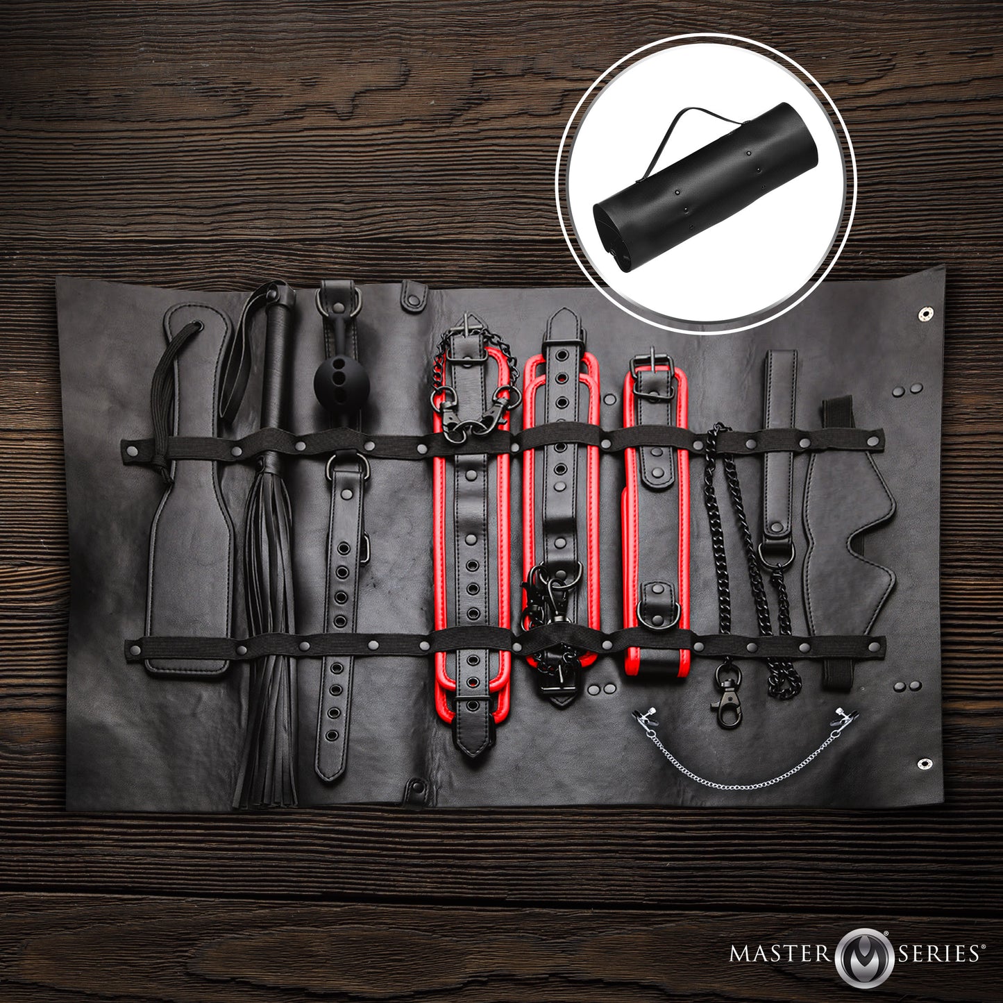 Genuine leather roll-up travel bag for Scarlet Seduction men's bondage kit
showing organized layout