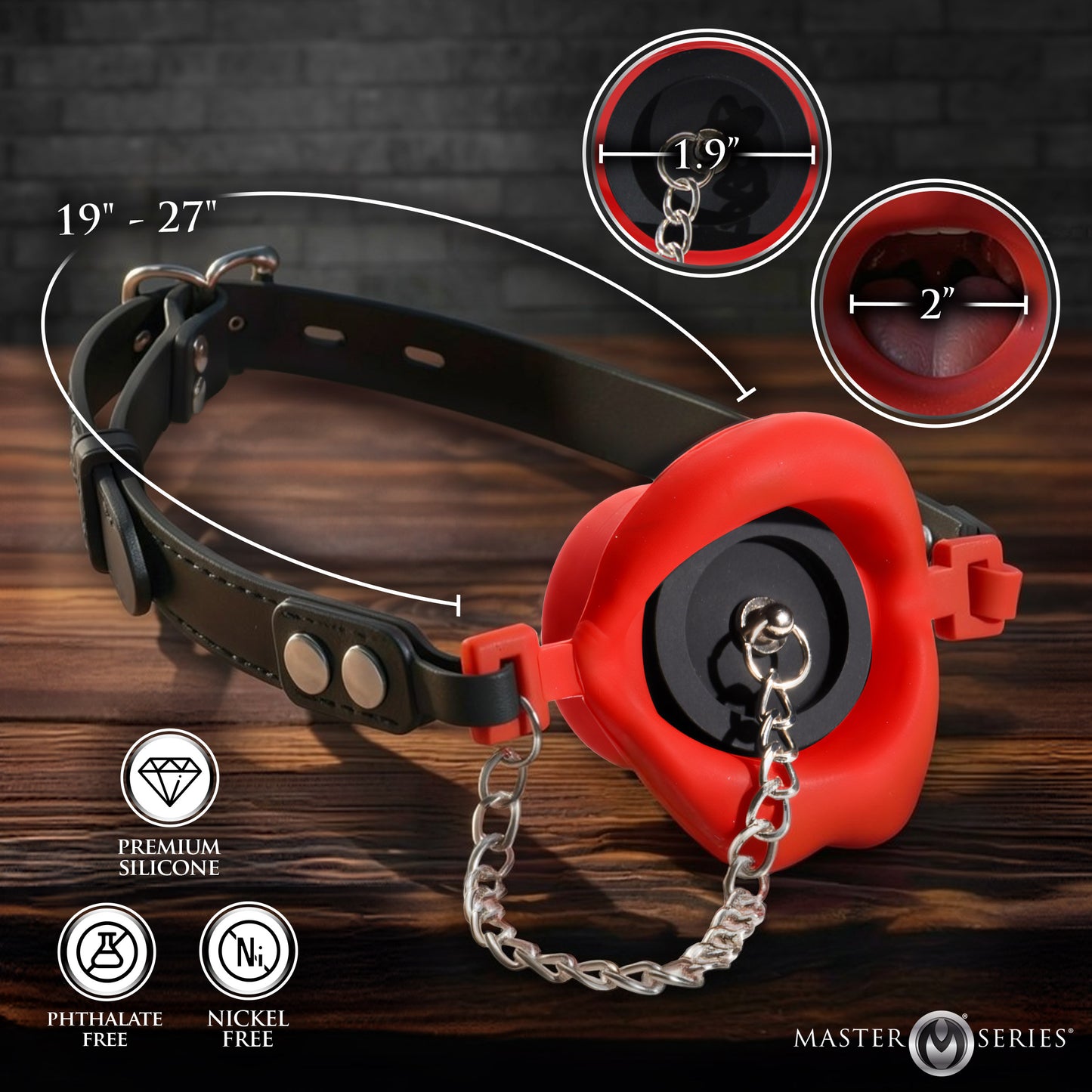 Black locking steel buckle strap on red Plugged feeding gag for secure male
head restraint