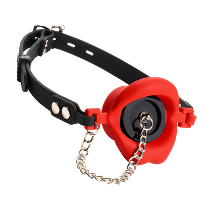 Master Series red Plugged feeding gag for men with black strap buckle and
removable plug