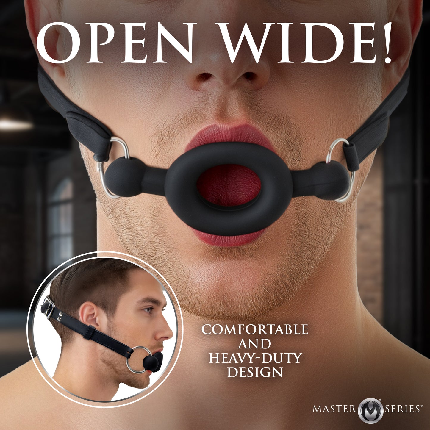 Thick silicone ring on FORCED gag forcing mouth open for male oral bondage and feeding use 