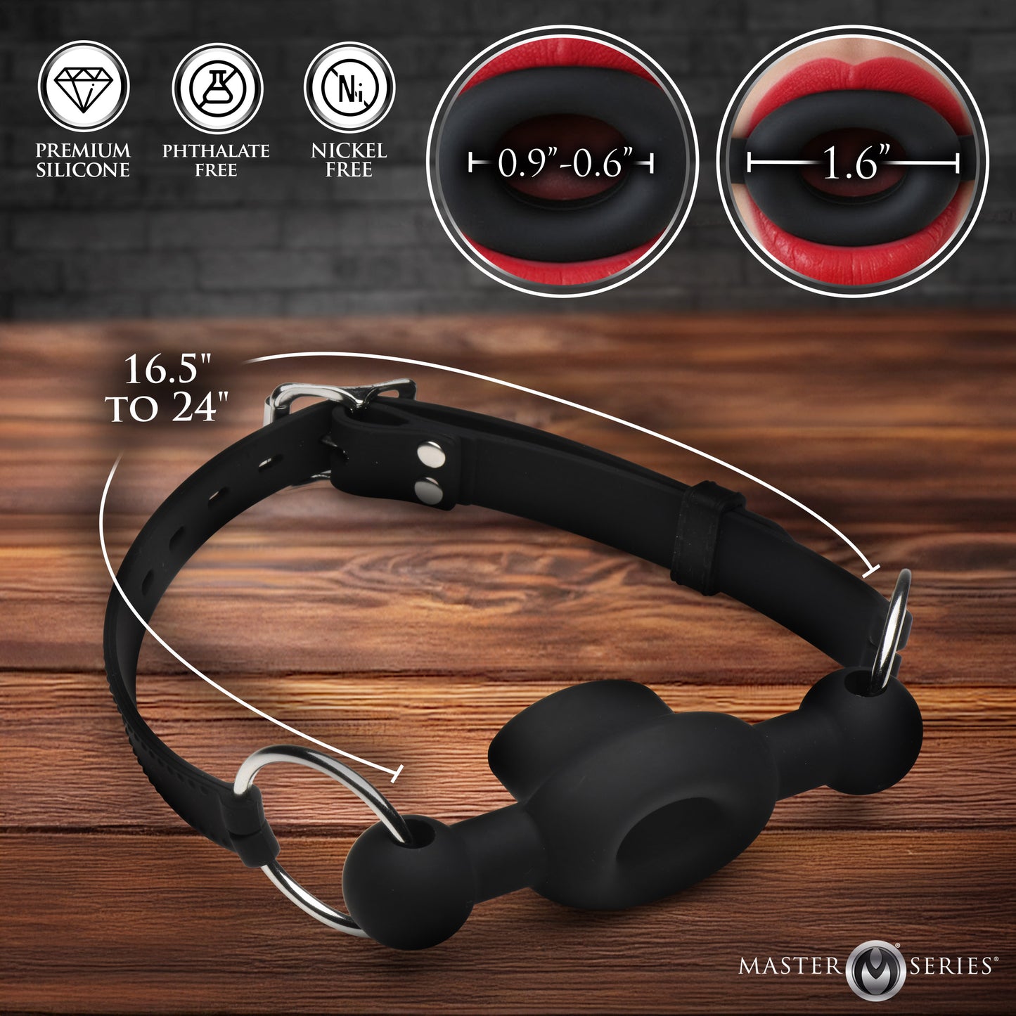 Locking steel buckle and ring accents on FORCED feeding gag for secure male
head restraint 