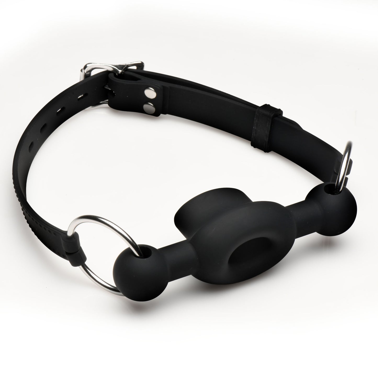Master Series FORCED silicone feeding gag for men complete with locking
strap and steel rings