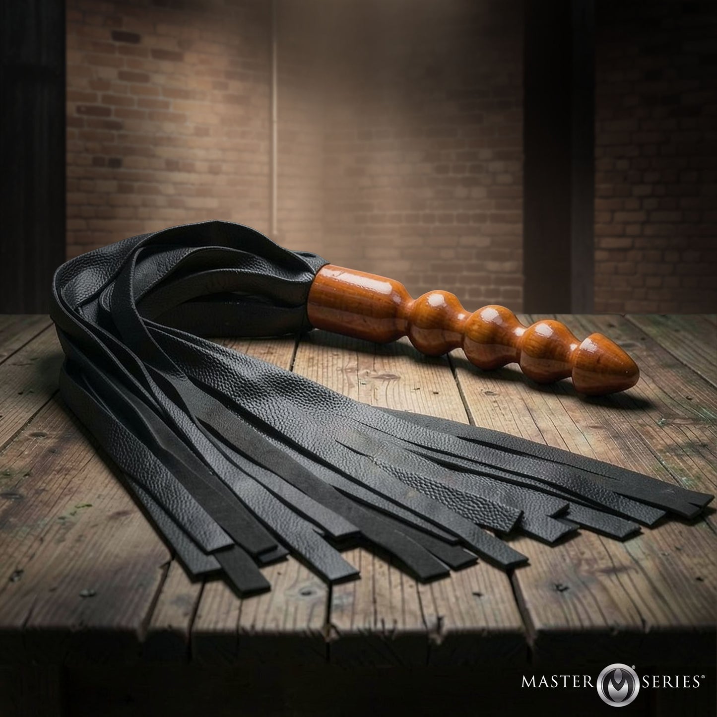 Master Series Lasher leather flogger with wooden anal handle gay BDSM men scene