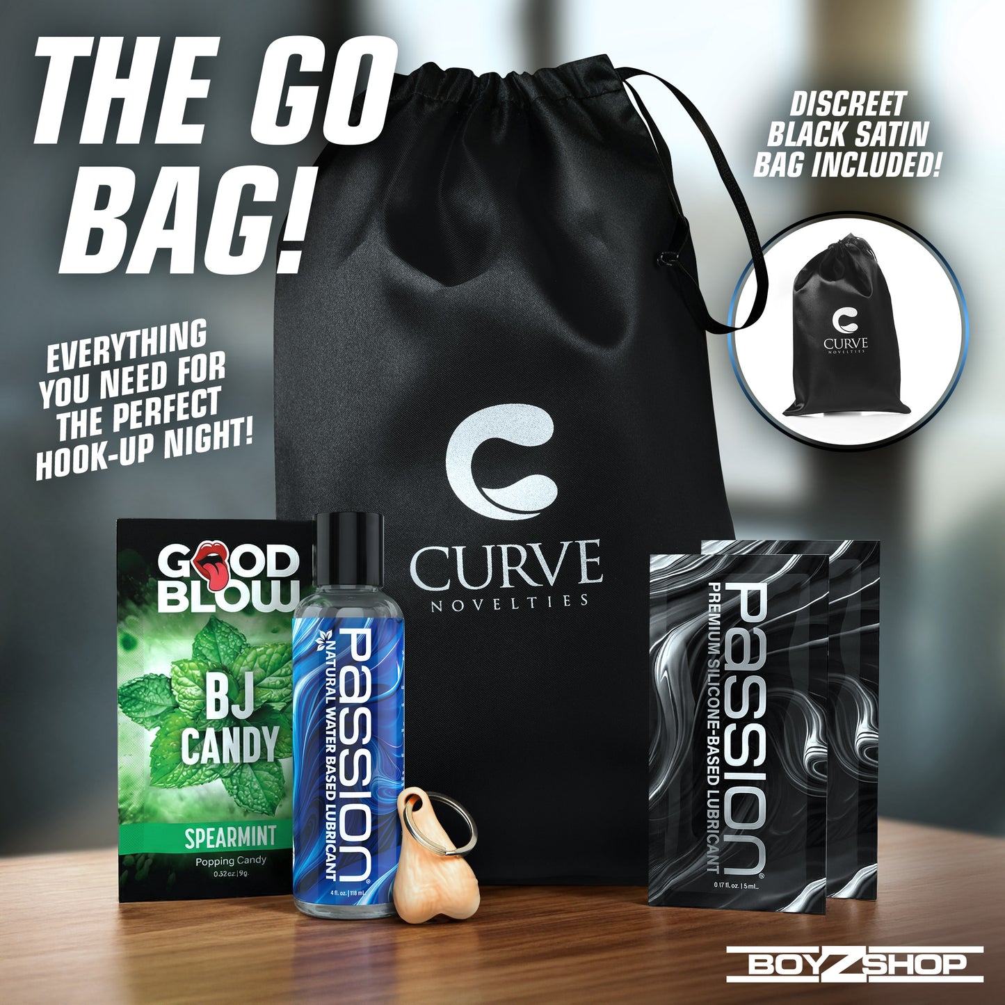 GO Bag contents: Passion water-based lube, silicone lube sachets, Good Blow BJ candy, Truck Nuts keychain