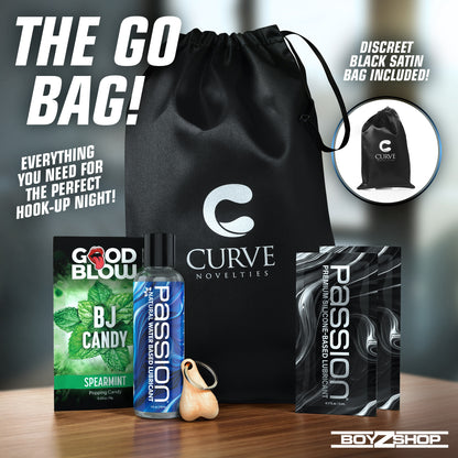GO Bag contents: Passion water-based lube, silicone lube sachets, Good Blow BJ candy, Truck Nuts keychain