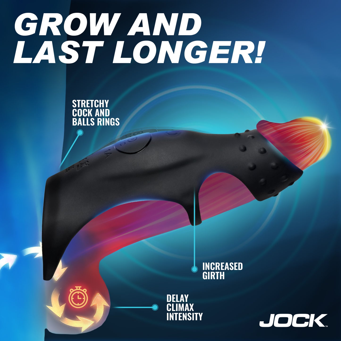 Jock Rush vibrating cock sleeve dual rings girth enhancer stretchy cock and ball ring delay climax