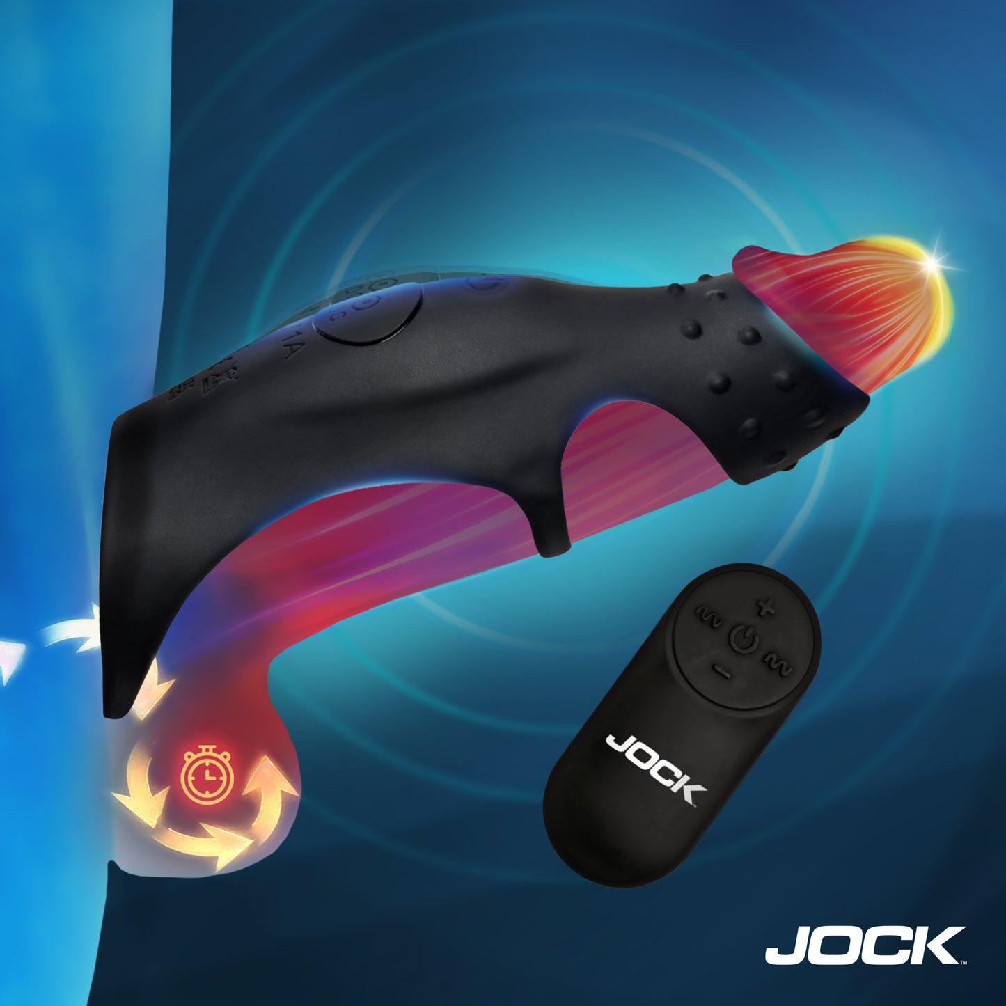 Jock Rush vibrating penis sleeve dual c-ring with wireless remote black silicone girth enhancer