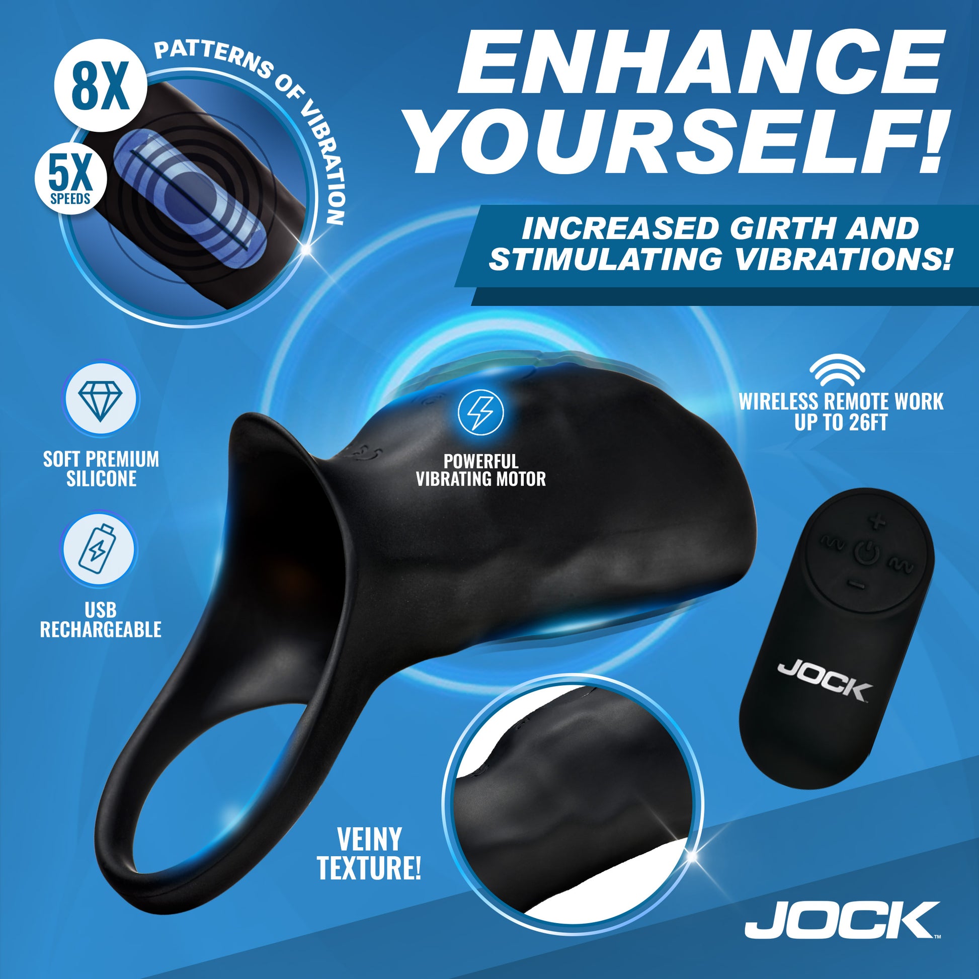 Jock Surge penis sleeve 8 vibration patterns 5 speeds veiny texture wireless remote USB rechargeable
