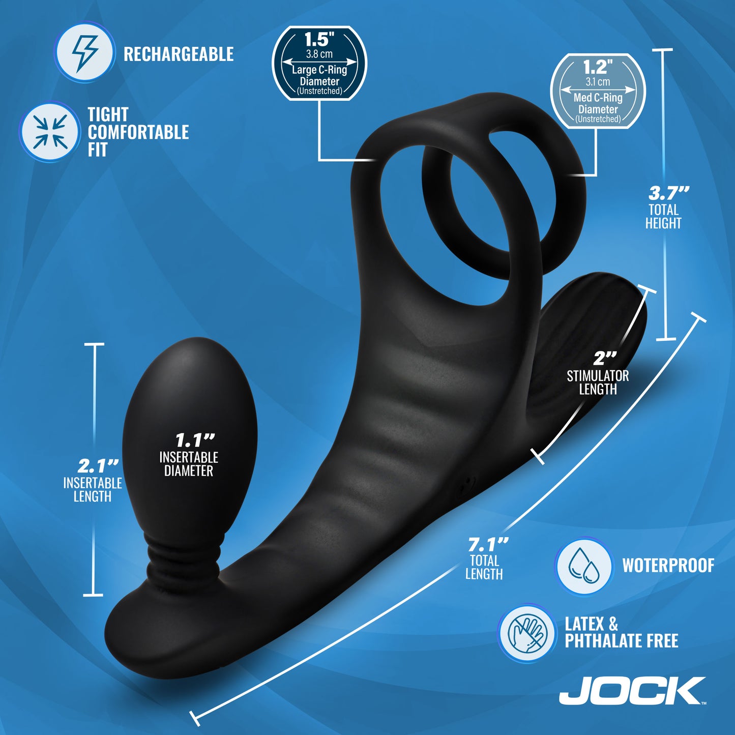 Jock Triple Rush IPX6 waterproof silicone cock ring anal plug gay solo men