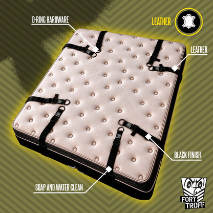 Under bed restraint system on a mattress with callouts for hardware, finish, cleaning, Fort Troff gay gear at Boyzshop