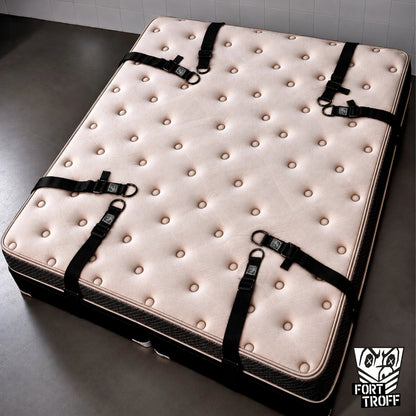 Under bed restraint anchor straps fanned out around a bare mattress, Fort Troff gay gear at Boyzshop