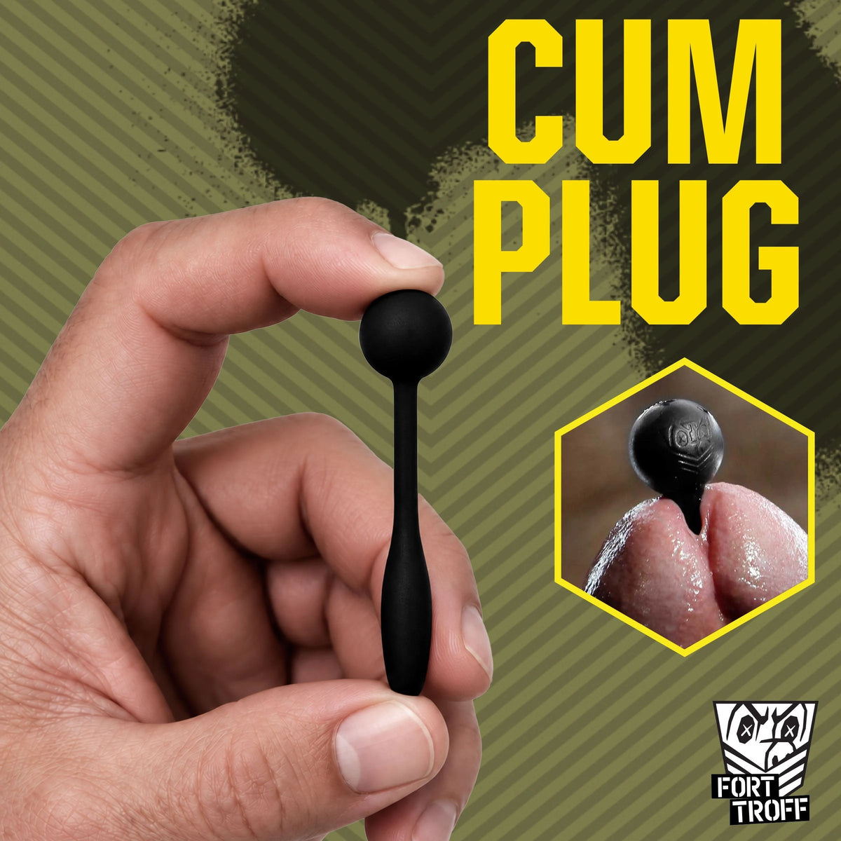 Hand holding a Cum Plug penis plug with an inset of it seated in a cock tip, Fort Troff gay gear at Boyzshop