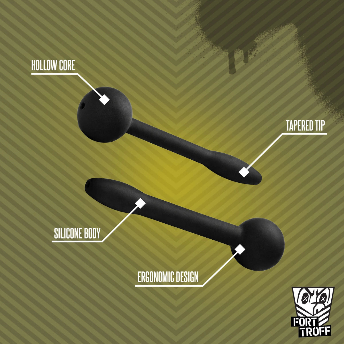 Penis plug callout graphic showing the hollow core, tapered tip and body, Fort Troff gay gear at Boyzshop