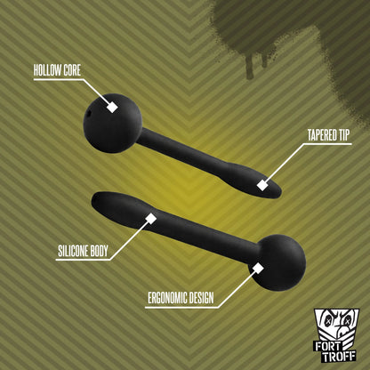 Penis plug callout graphic showing the hollow core, tapered tip and body, Fort Troff gay gear at Boyzshop