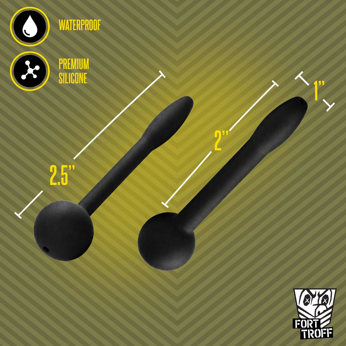 Cum Plug size graphic, 2.5 in and 2 in silicone plugs with a 1 in tip, Fort Troff gay gear at Boyzshop