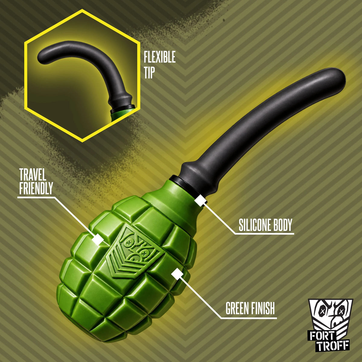 Grenade enema bulb diagram labeling the flexible tip, silicone body, green finish, travel size, Fort Troff gay gear at Boyzshop