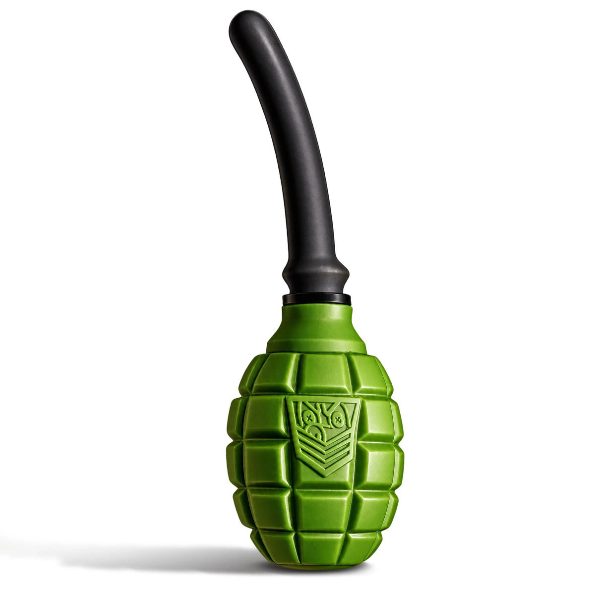 Grenade anal douche bulb on white, green ribbed grenade body with a curved black nozzle, Fort Troff gay gear at Boyzshop