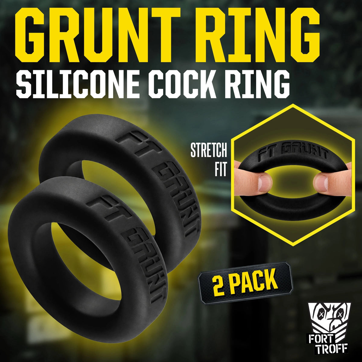 Grunt Ring silicone cock ring 2 pack graphic with a stretch fit inset, Fort Troff gay gear at Boyzshop