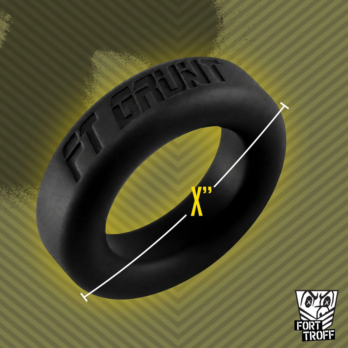 Grunt Ring snug cock ring with a diameter line across it on olive, Fort Troff gay gear at Boyzshop
