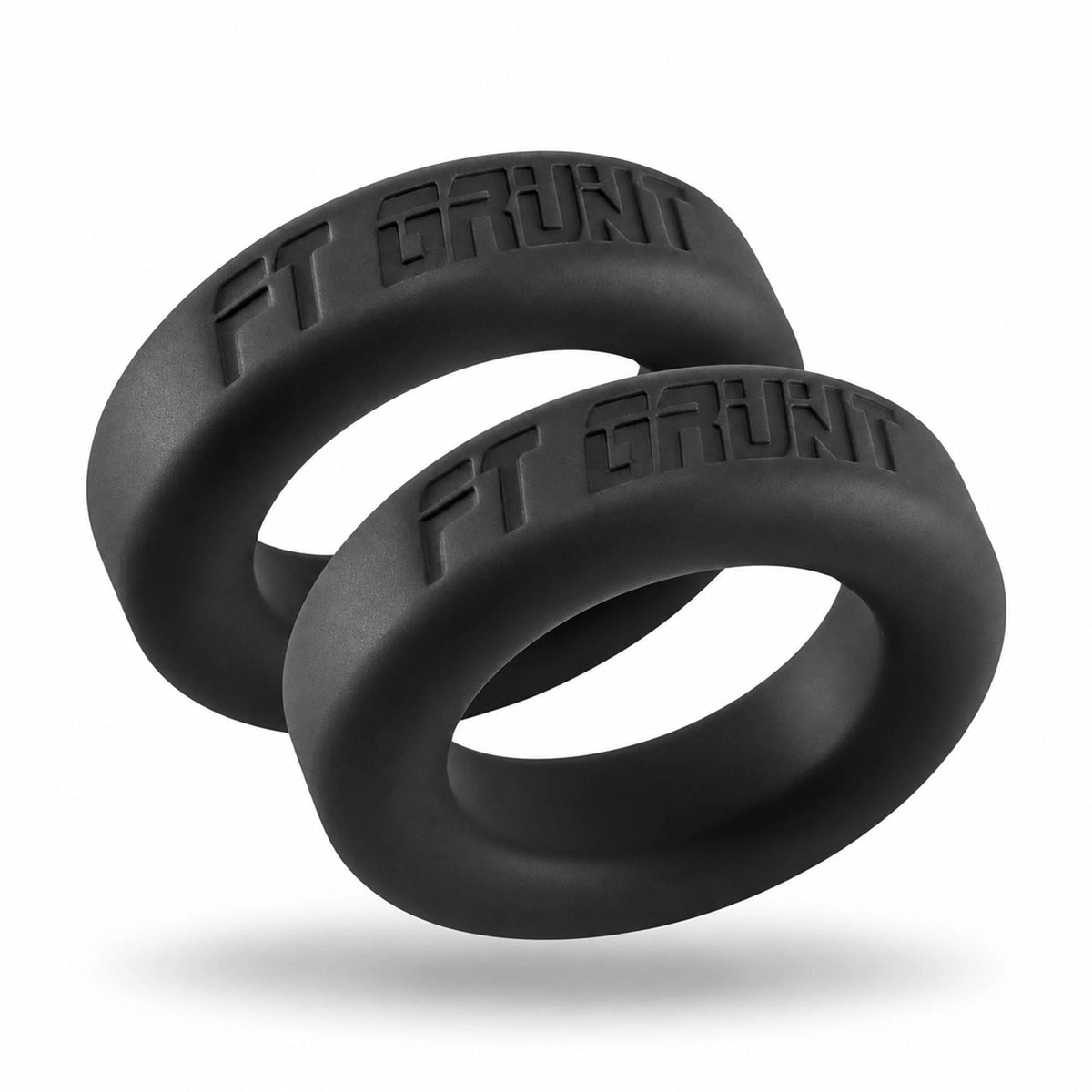 2 matte black Grunt Ring silicone cock rings stacked on a white background, Fort Troff gay gear at Boyzshop