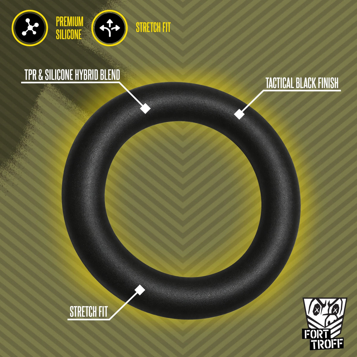 X-Wrap stretchy cock ring callouts for the TPR and silicone blend, stretch fit plus black finish, Fort Troff gay gear at Boyzshop