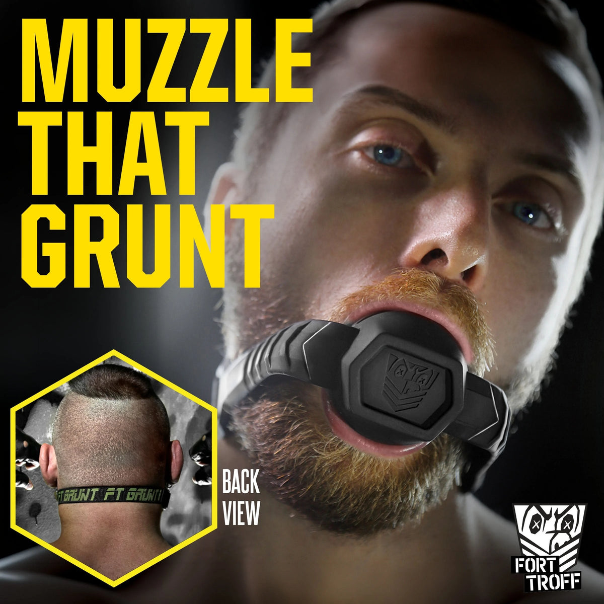 Muzzle That Grunt ad, bearded man in the silicone ball gag with a back view inset, Fort Troff gay gear at Boyzshop