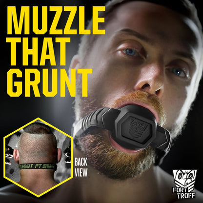 Muzzle That Grunt ad, bearded man in the silicone ball gag with a back view inset, Fort Troff gay gear at Boyzshop
