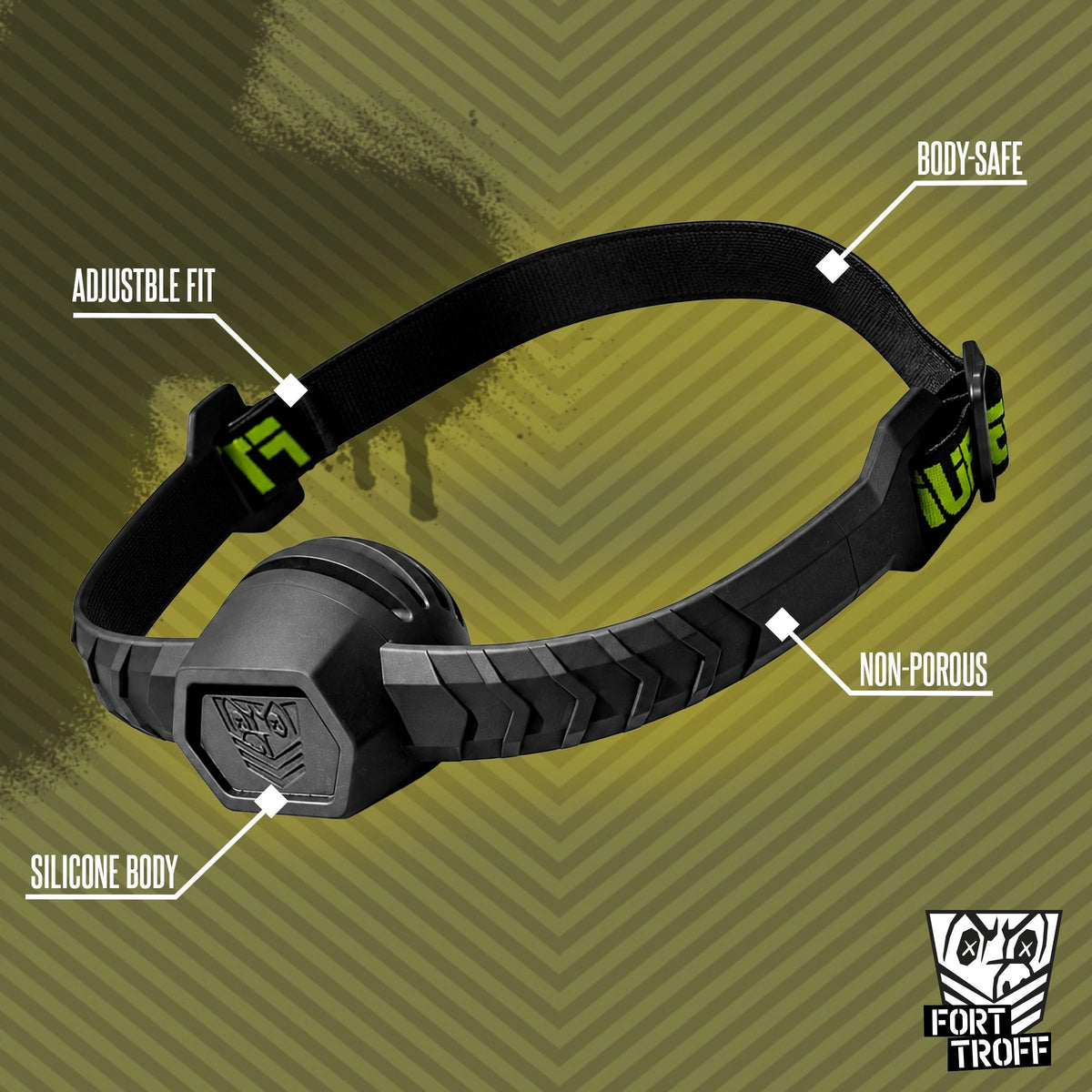 Max Comfort ball gag diagram calling out adjustable fit and non-porous silicone, Fort Troff gay gear at Boyzshop