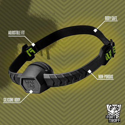 Max Comfort ball gag diagram calling out adjustable fit and non-porous silicone, Fort Troff gay gear at Boyzshop