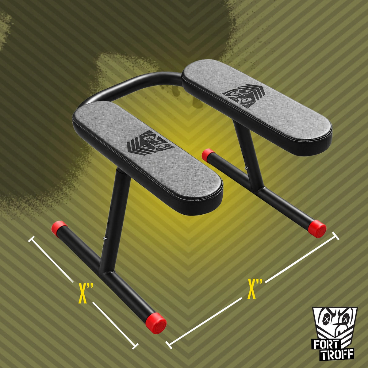 Ready Rimmer face sitting chair with dimension lines on an olive background, Fort Troff gay gear at Boyzshop